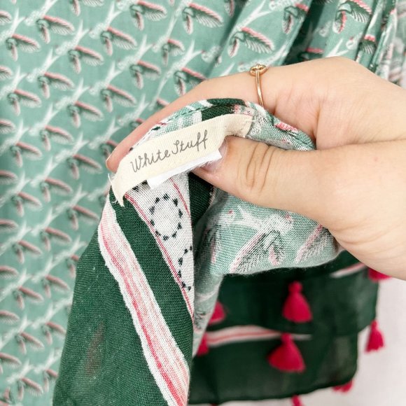White Stuff Green Bird Print Tassel Scarf Boho Bohemian - Picture 3 of 3